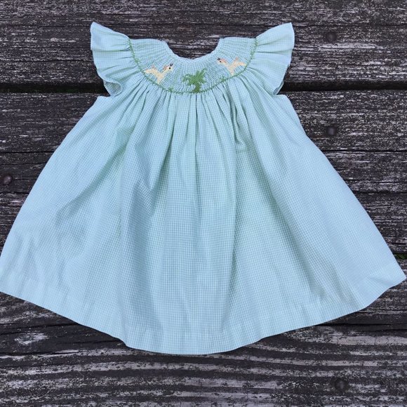 Bow Peep Girls Smocked Dress Size 6 Months Green/White 5 - Picture 1 of 4